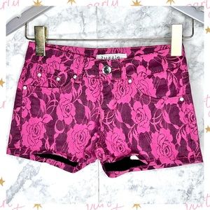 Puzzle Jeans Y2K Pink Lace Overlay Floral Shorts Women’s Size 0 Glam Rhinestone